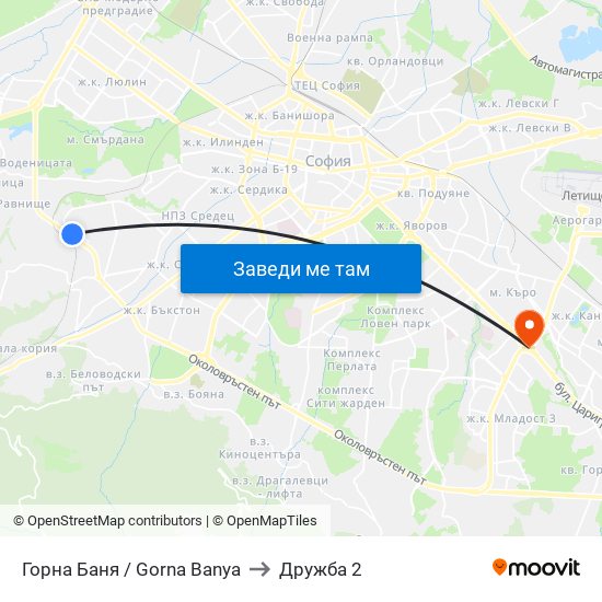 Горна Баня / Gorna Banya to Дружба 2 map