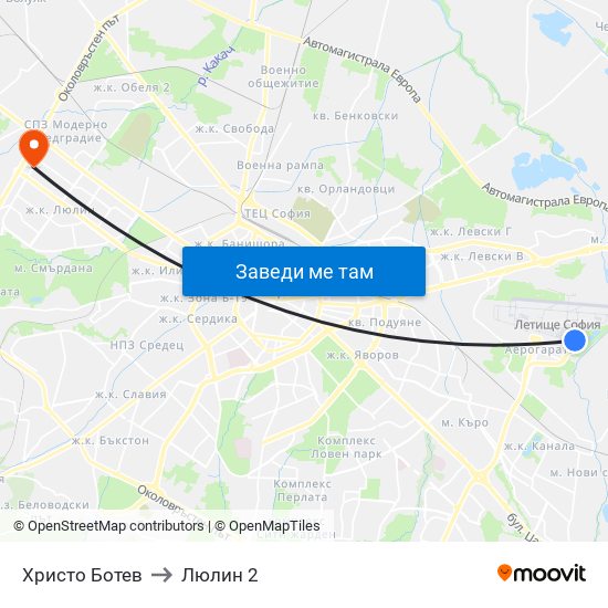 Христо Ботев to Люлин 2 map