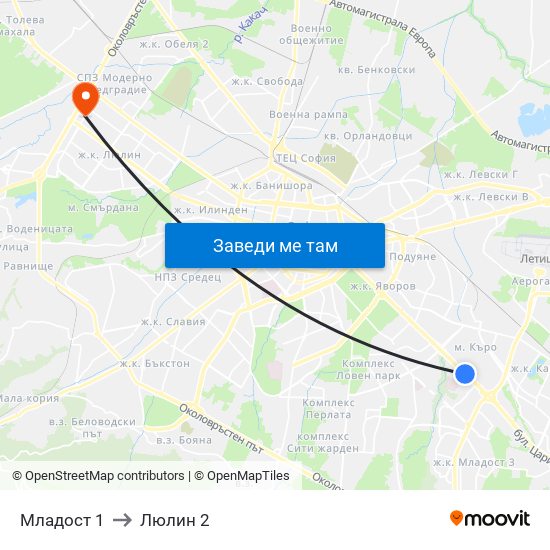 Младост 1 to Люлин 2 map