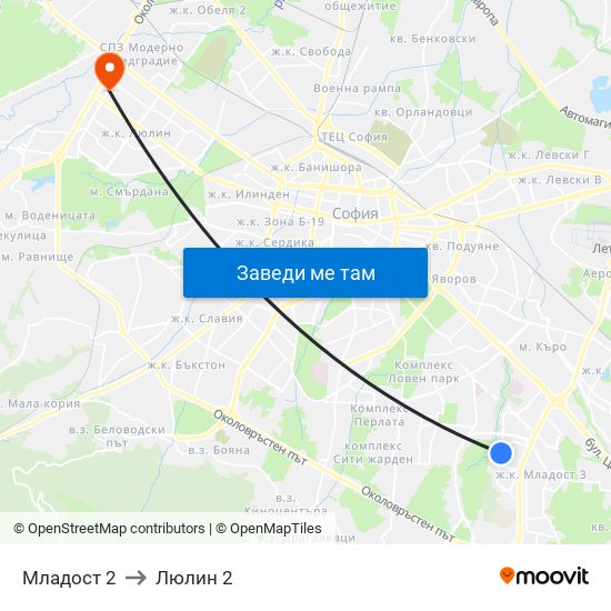Младост 2 to Люлин 2 map