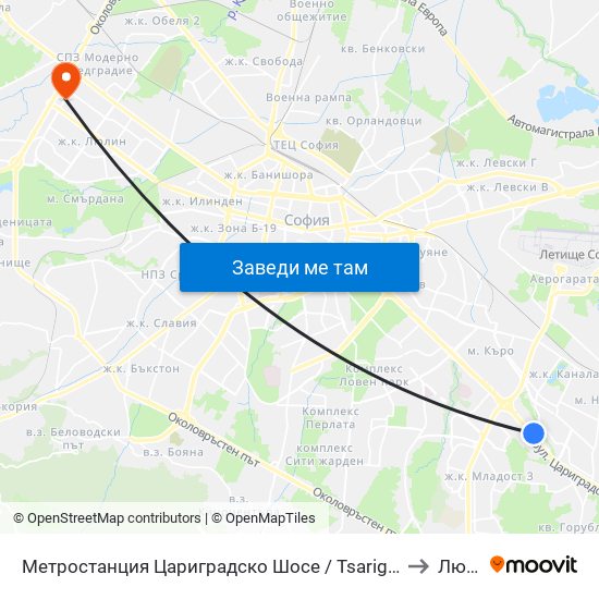 Метростанция Цариградско Шосе / Tsarigradsko Shosse Metro Station (1016) to Люлин 2 map