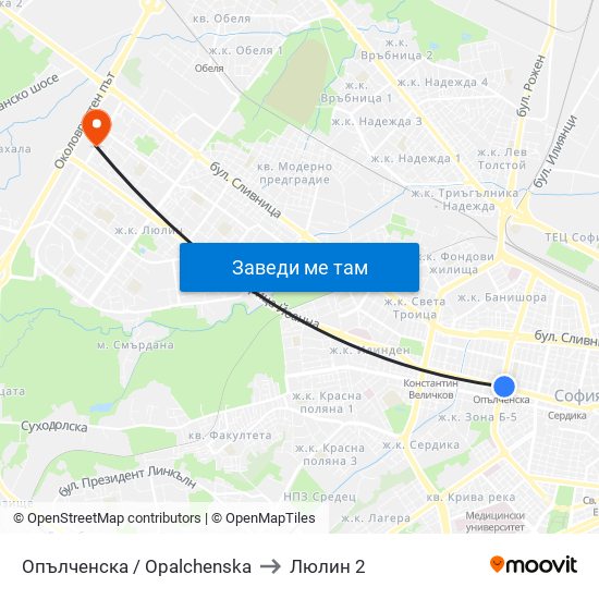 Опълченска / Opalchenska to Люлин 2 map