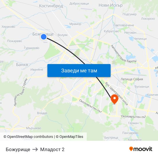Божурище to Младост 2 map