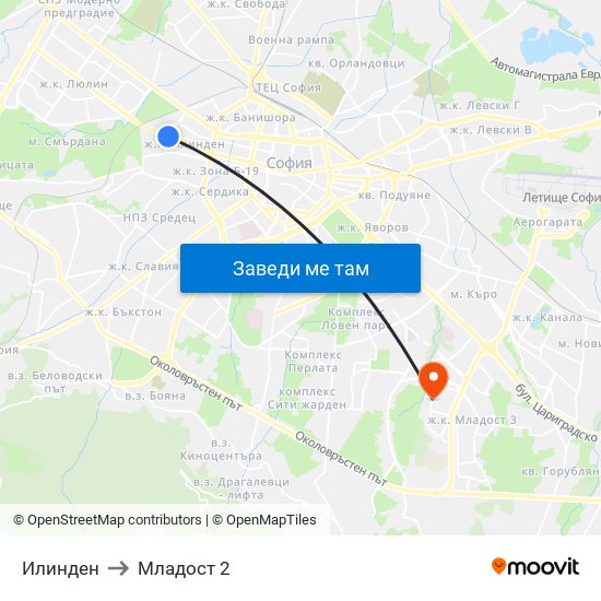 Илинден to Младост 2 map