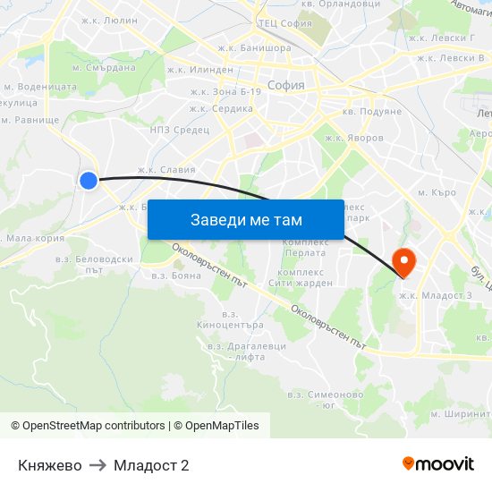 Княжево to Младост 2 map