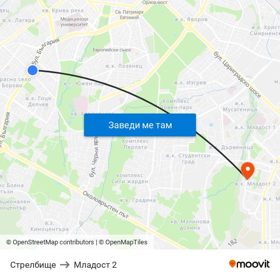 Стрелбище to Младост 2 map