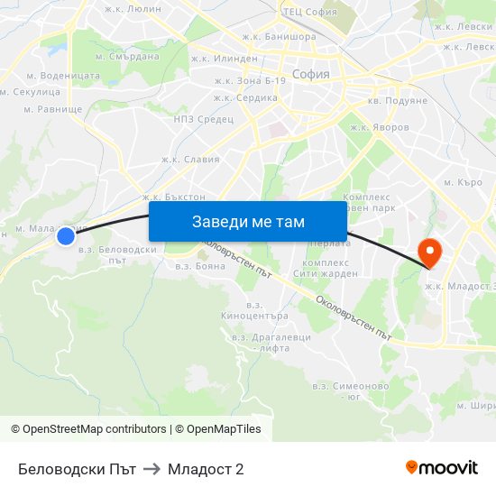 Беловодски Път to Младост 2 map