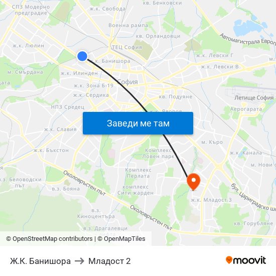 Ж.К. Банишора to Младост 2 map