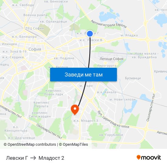 Левски Г to Младост 2 map