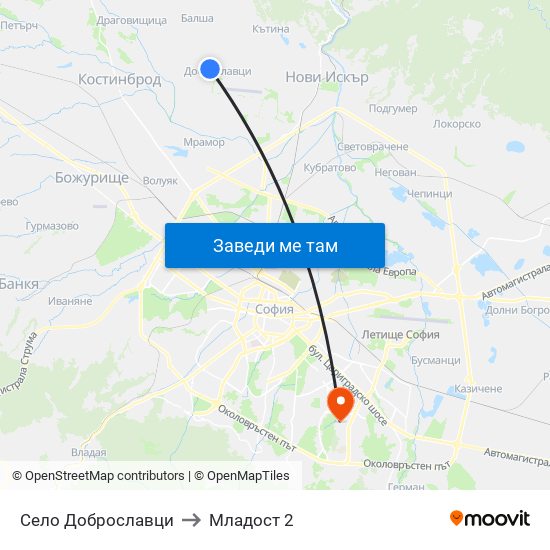 Село Доброславци to Младост 2 map