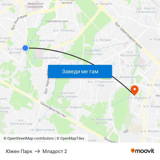 Южен Парк to Младост 2 map