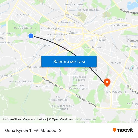 Овча Купел 1 to Младост 2 map