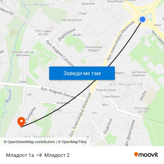 Младост 1а to Младост 2 map
