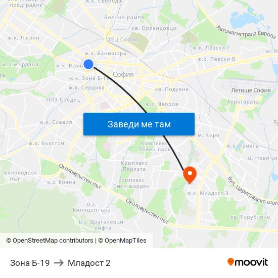 Зона Б-19 to Младост 2 map