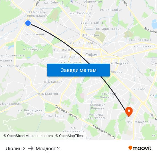 Люлин 2 to Младост 2 map