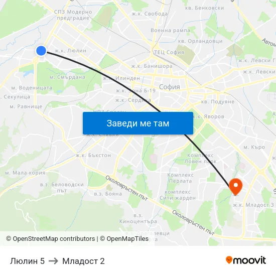 Люлин 5 to Младост 2 map