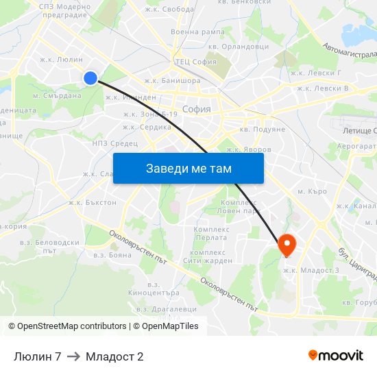 Люлин 7 to Младост 2 map