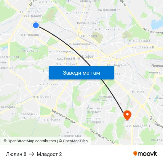 Люлин 8 to Младост 2 map