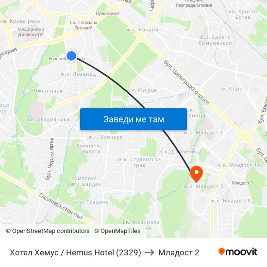 Ⓜ️ Хотел Хемус / Hemus Hotel (2329) to Младост 2 map