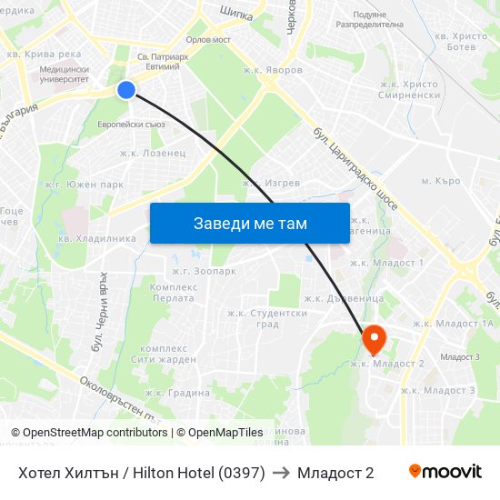 Хотел Хилтън / Hilton Hotel (0397) to Младост 2 map