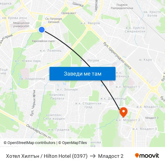 Хотел Хилтън / Hilton Hotel (0397) to Младост 2 map