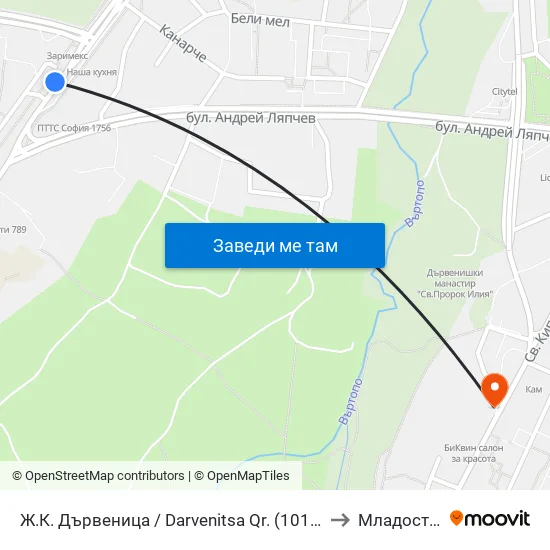 Ж.К. Дървеница / Darvenitsa Qr. (1012) to Младост 2 map