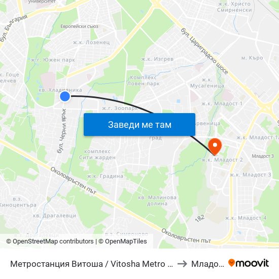 Метростанция Витоша / Vitosha Metro Station (2654) to Младост 2 map