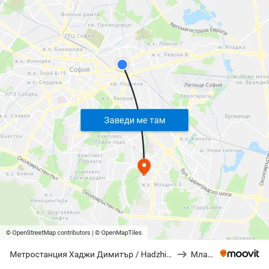 Метростанция Хаджи Димитър / Hadzhi Dimitar Metro Station (0303) to Младост 2 map