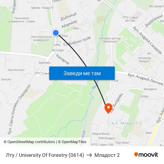 Лту / University Of Forestry (0614) to Младост 2 map