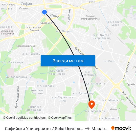 Софийски Университет / Sofia University (1698) to Младост 2 map