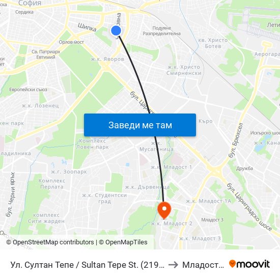 Ул. Султан Тепе / Sultan Tepe St. (2194) to Младост 2 map