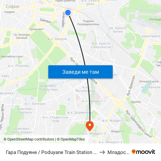 Гара Подуяне / Poduyane Train Station (0468) to Младост 2 map