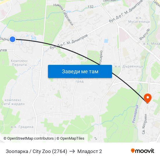 Зоопарка / City Zoo (2764) to Младост 2 map