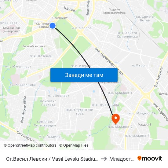 Ст.Васил Левски / Vasil Levski Stadium to Младост 2 map