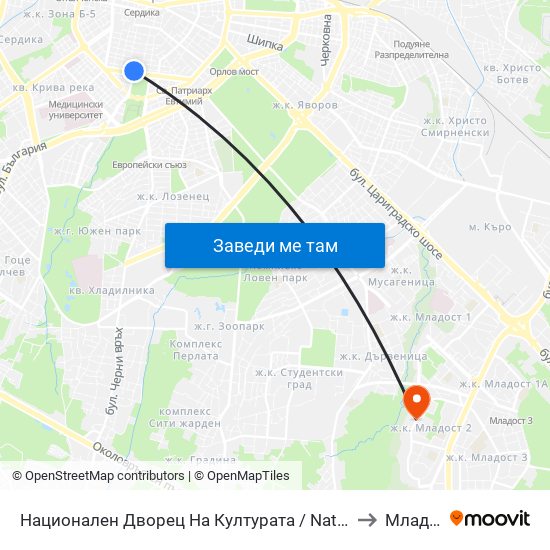 Национален Дворец На Културата / National Palace Of Culture to Младост 2 map