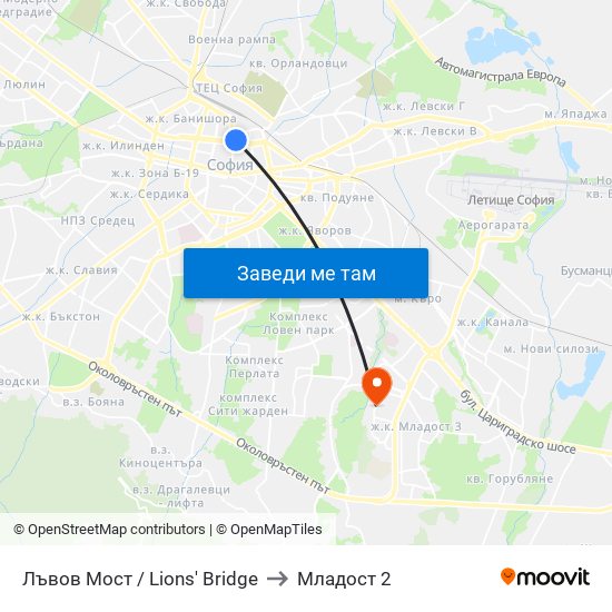 Лъвов Мост / Lions' Bridge to Младост 2 map