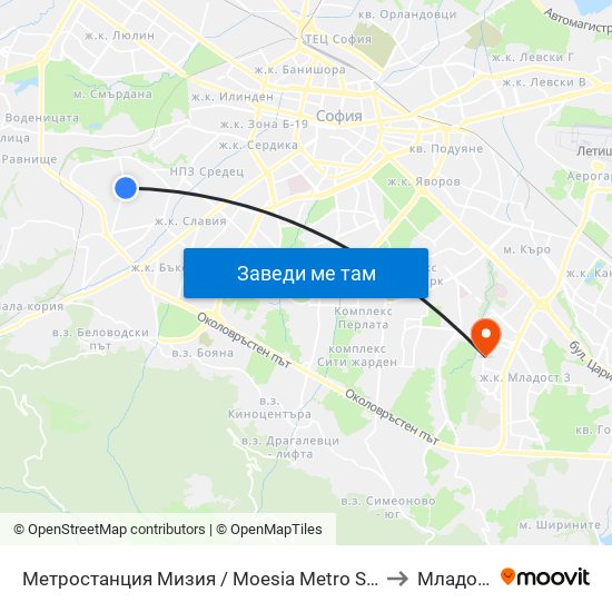 Метростанция Мизия / Moesia Metro Station (6089) to Младост 2 map