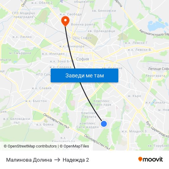 Малинова Долина to Надежда 2 map