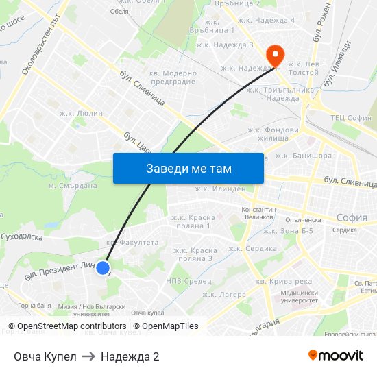 Овча Купел to Надежда 2 map