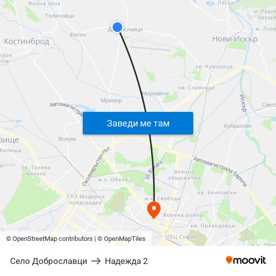 Село Доброславци to Надежда 2 map