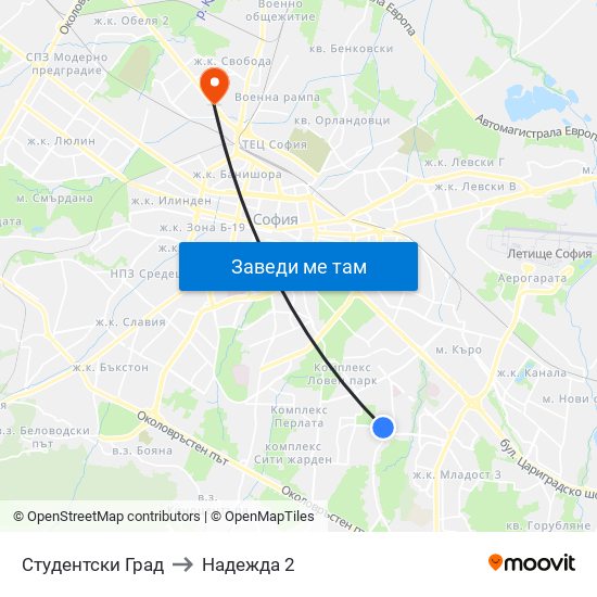 Студентски Град to Надежда 2 map
