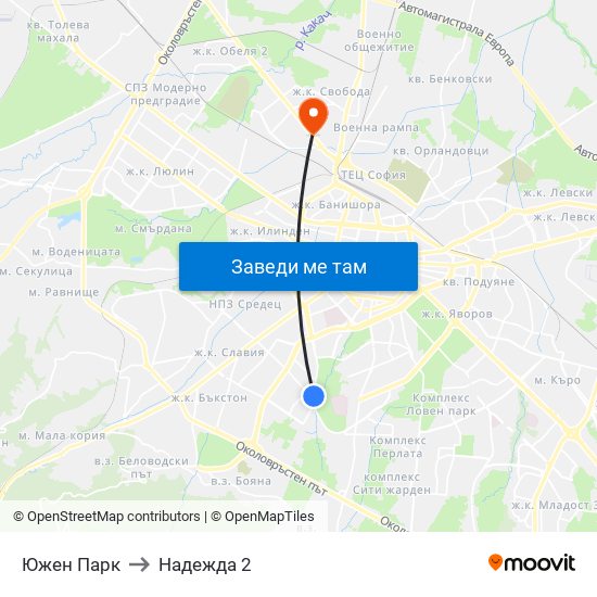 Южен Парк to Надежда 2 map