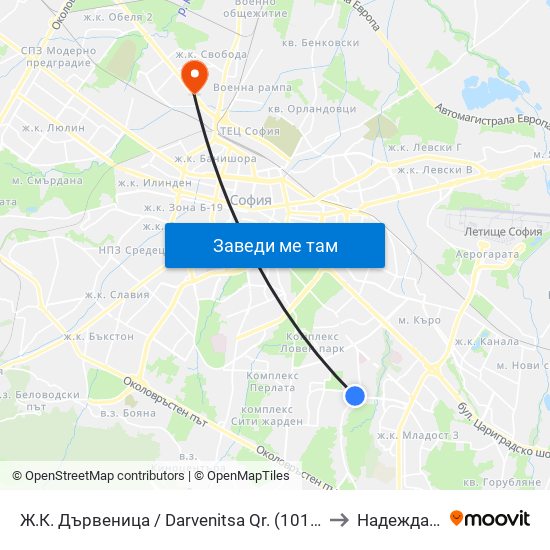 Ж.К. Дървеница / Darvenitsa Qr. (1012) to Надежда 2 map