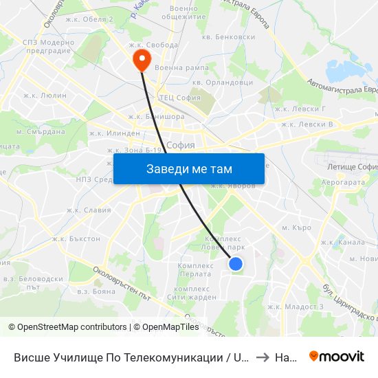 Висше Училище По Телекомуникации / University Of Telecommunications And Post (1397) to Надежда 2 map