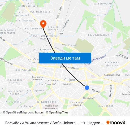 Софийски Университет / Sofia University (1698) to Надежда 2 map