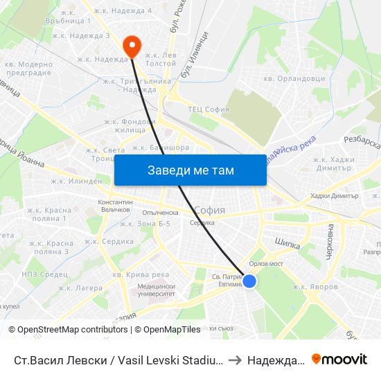 Ст.Васил Левски / Vasil Levski Stadium to Надежда 2 map