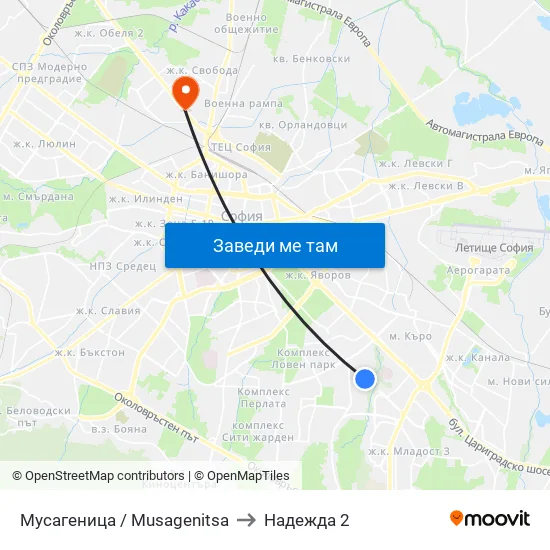 Мусагеница /  Musagenitsa to Надежда 2 map