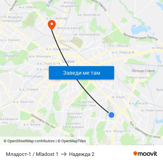 Младост-1 / Mladost 1 to Надежда 2 map