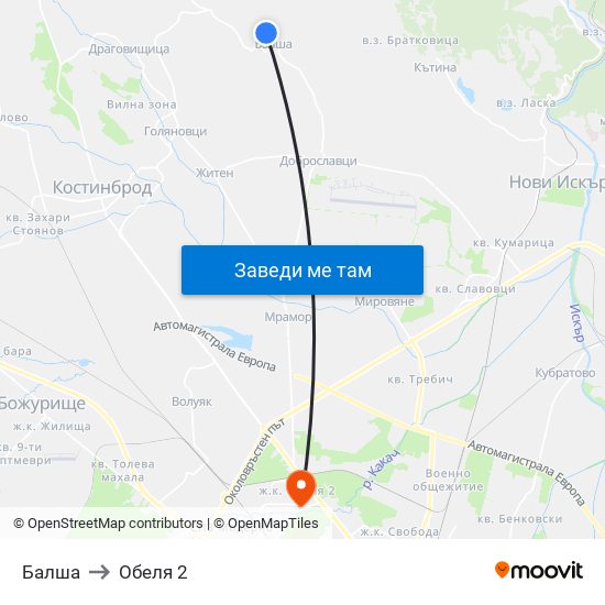 Балша to Обеля 2 map