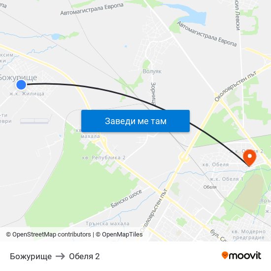 Божурище to Обеля 2 map